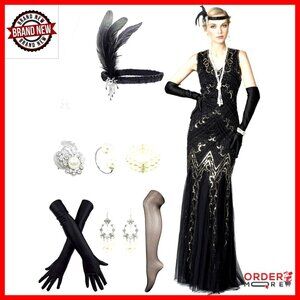 1920s Flapper Sequin Dress with Accessories Set, Ankle Length